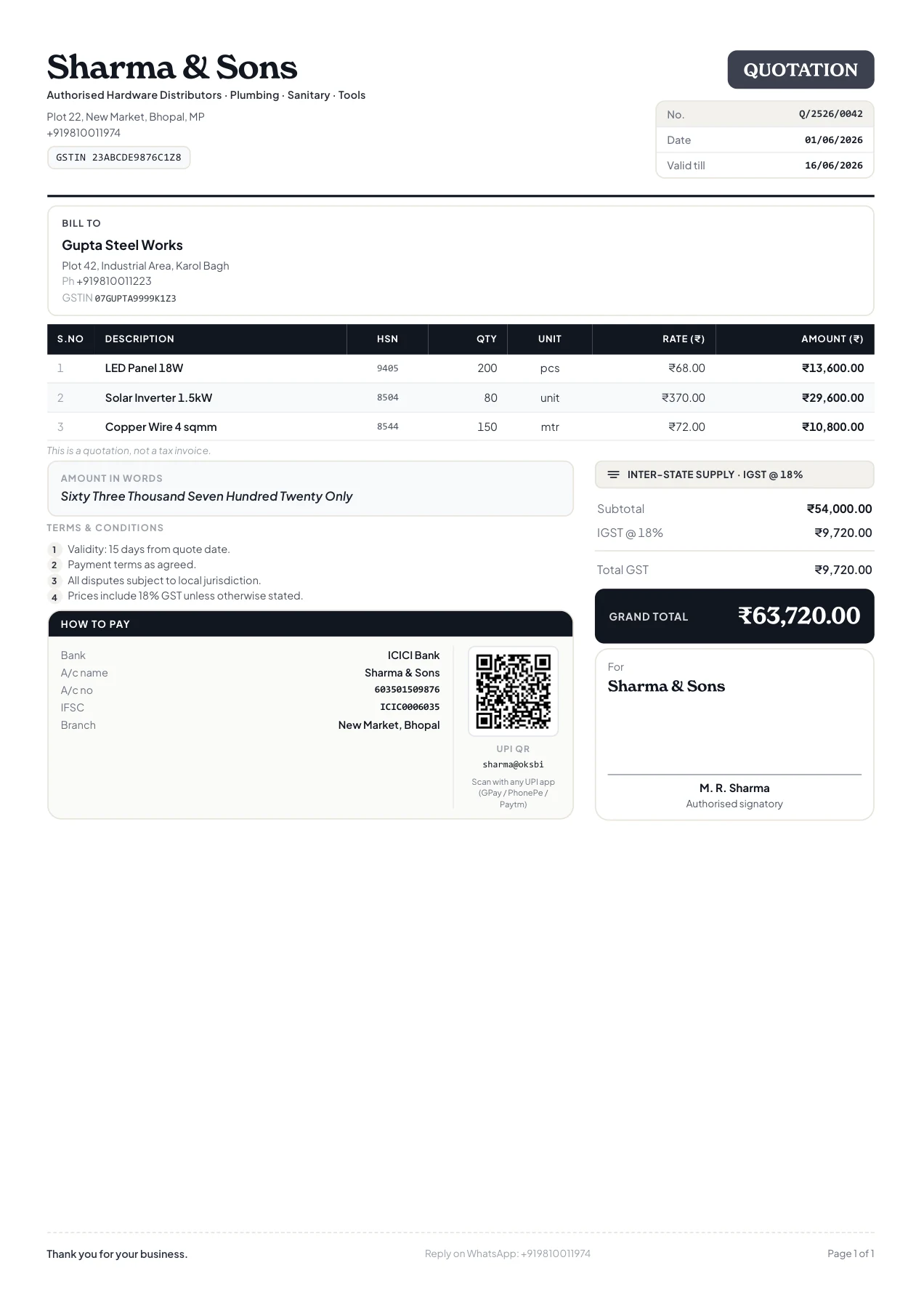 The quotation that came out: Sharma & Sons letterhead with GSTIN, three line items with HSN codes and rates, IGST at 18 per cent, a grand total of 63,720 rupees, the amount in words, terms, and a UPI QR block.